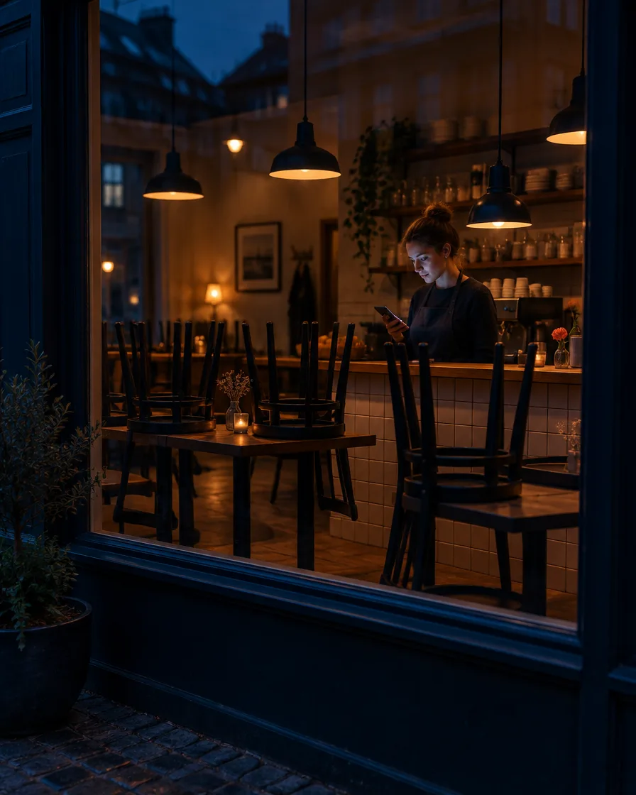 En caféejer læser en besked bag disken efter lukketid