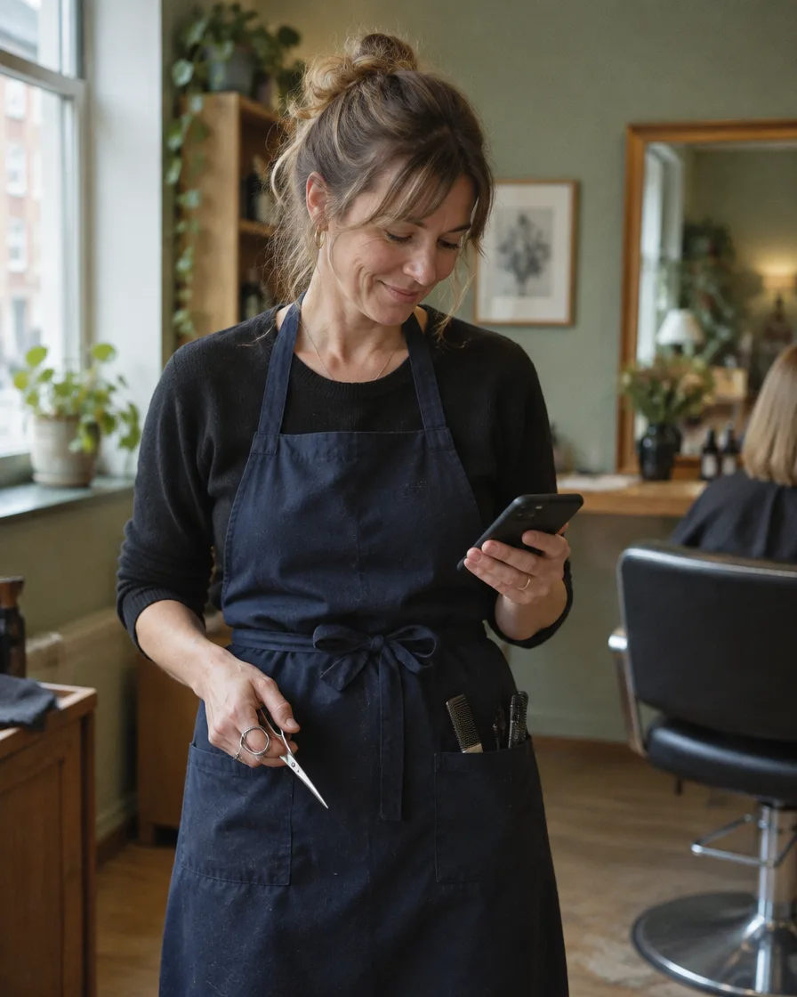 En frisør med saks i hånden kigger på sin telefon midt i en klipning